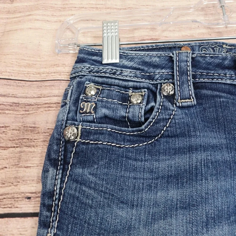 Miss Me Jeans Girls 10 Blue Bootcut Rhinestone Cross Back Pocket Stretch Denim